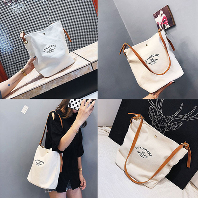 Supermarkt Custom Logo Cotton Canvas Tote Schoudertassen met bruine lederen handgrepen