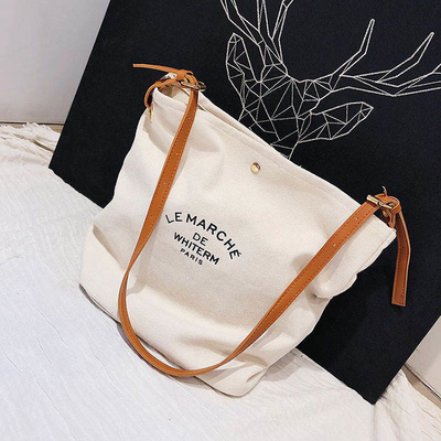 Supermarkt Custom Logo Cotton Canvas Tote Schoudertassen met bruine lederen handgrepen