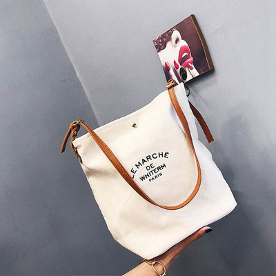 Supermarkt Custom Logo Cotton Canvas Tote Schoudertassen met bruine lederen handgrepen