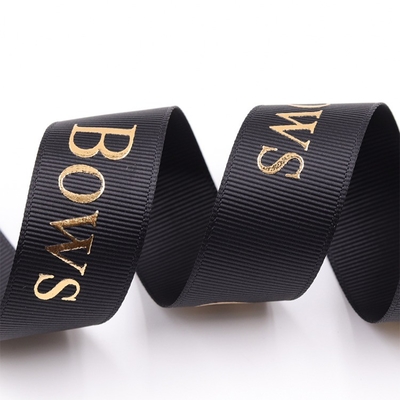 Custom Eco Friendly 3D Gold Foil Printed Black Silk Grosgrain Ribbon met Embossed Logo