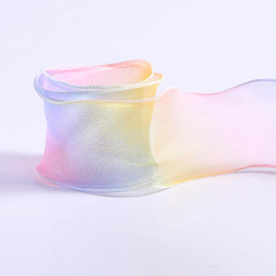 Gradient Curling Wave Edge Satin Stof Regenboog Handgemaakte Boog Ribbon Bloemen Kinderhaar Clip