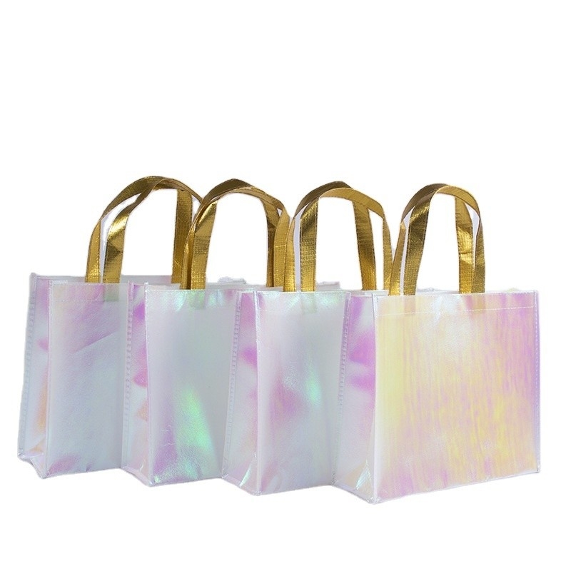 Uitstalling Custom Logo Roze Holografische Niet-geweven iriserende tas voor trouwgeschenk