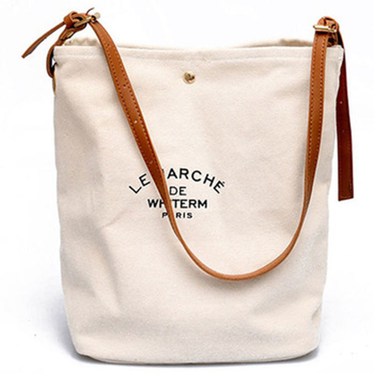Supermarkt Custom Logo Cotton Canvas Tote Schoudertassen met bruine lederen handgrepen