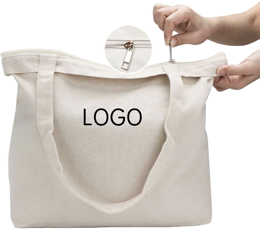 Groenteproducten Gepersonaliseerd Logo Gedrukt Recycle Plain Organic Cotton Canvas Tote Winkeltasjes Met Zipper