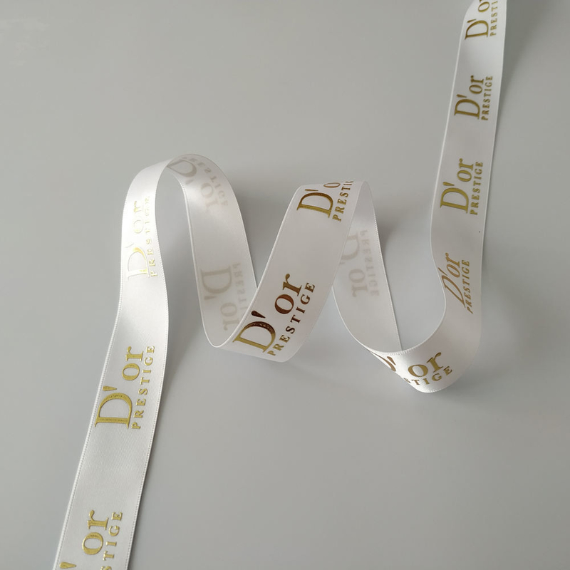 OEM aanvaard Custom Gold Foil 3D geprinte logo Polyester Satin Ribbon voor cadeau verpakking